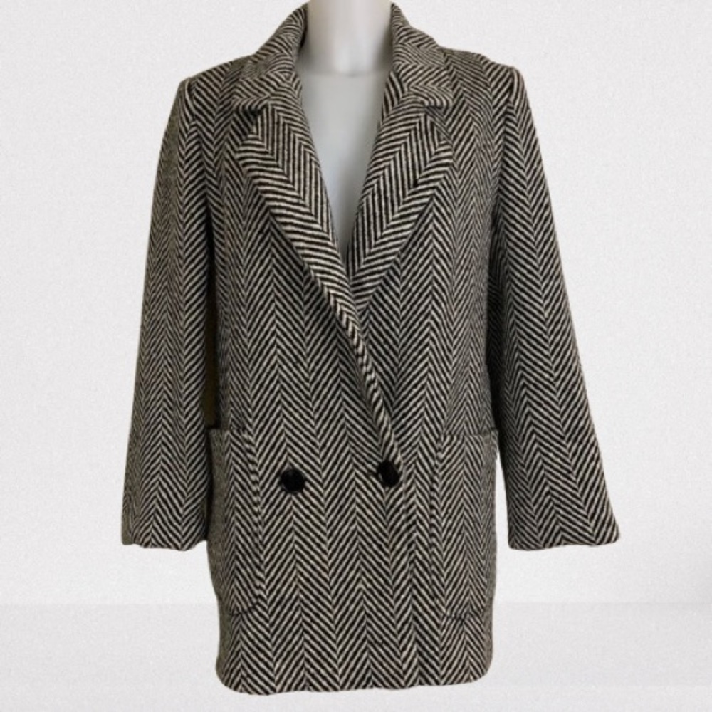 Vintage Black White Avon 100% Wool Herringbone Print Jacket Size 9/10